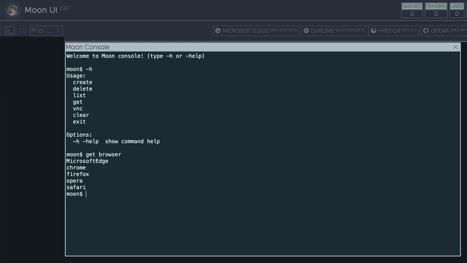Moon UI with the built-in Moon Console listing the available browsers